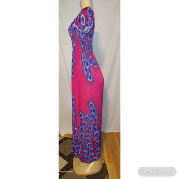 Pink Peacock Feathers Maxi Dress M - Picture 4 of 5